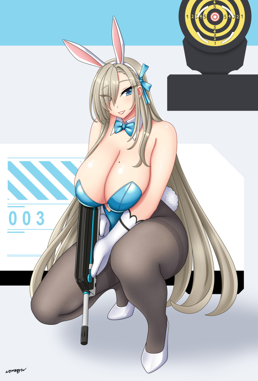 1girl animal_ears aqua_leotard assault_rifle asuna_(blue_archive) asuna_(bunny)_(blue_archive) black_pantyhose blue_archive blue_bow blue_bowtie blue_leotard bow bowtie breasts cleavage detached_collar elbow_gloves fake_animal_ears gloves goddess_of_victory:_nikke gun hair_over_one_eye highres holding holding_gun holding_weapon leotard light_brown_hair mole mole_on_breast official_alternate_costume on_one_knee pantyhose parody playboy_bunny rabbit_ears rifle someguu strapless strapless_leotard thighband_pantyhose weapon