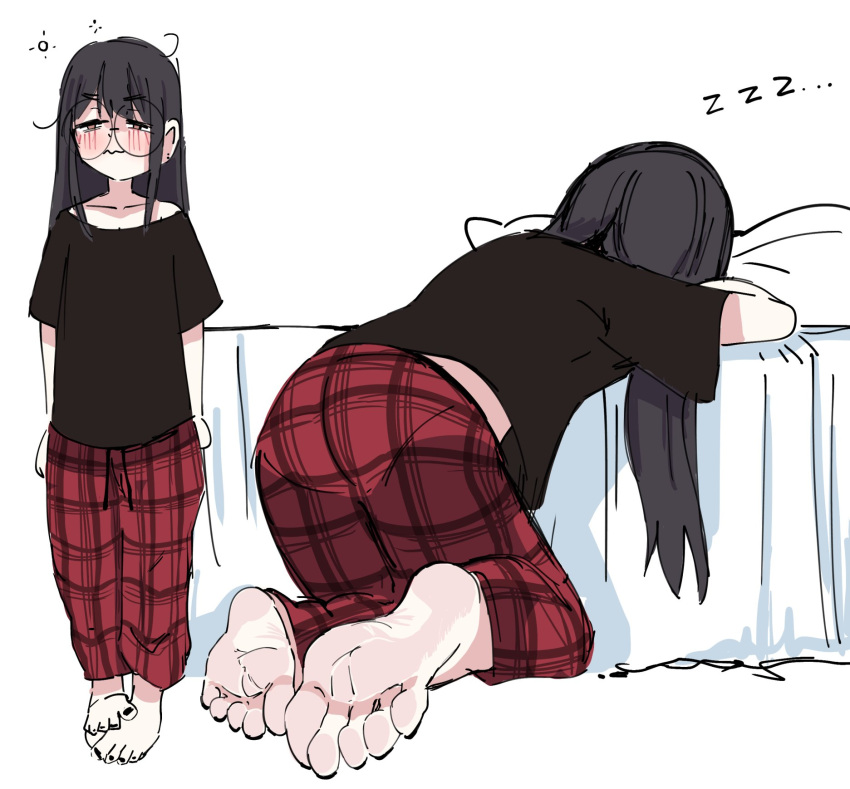 ... 1girl against_bed barefoot black_hair black_nails black_shirt brown_eyes character_request copyright_request highres leaning_on_object long_hair nail_polish on_bed pajamas pants plaid plaid_pants red_pants sero4308 shirt sleepy soles toenail_polish toenails toes zzz