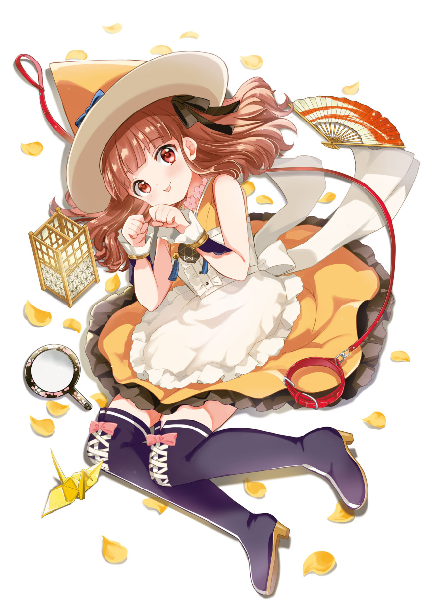 1girl :p apron back_bow bare_shoulders black_ribbon blue_bow blue_tassel blunt_bangs boots bow brown_hair cherry_blossoms cross-laced_footwear dress folding_fan footwear_bow frilled_dress frills full_body hair_ribbon hand_fan hand_mirror hands_up hara_yui hat hat_bow hexagram high_heels highres jewelry leash light_blush looking_at_viewer lying majo_wa_mangetsu_ni_saku medium_hair mirror nanami_umeko necklace official_art on_side orange_dress orange_hat origami paper_crane paw_pose petals pink_bow purple_footwear red_eyes ribbon simple_background sleeveless sleeveless_dress solo star_of_david tassel thigh_boots tongue tongue_out white_apron white_background white_bow witch_hat wrist_cuffs yellow_petals