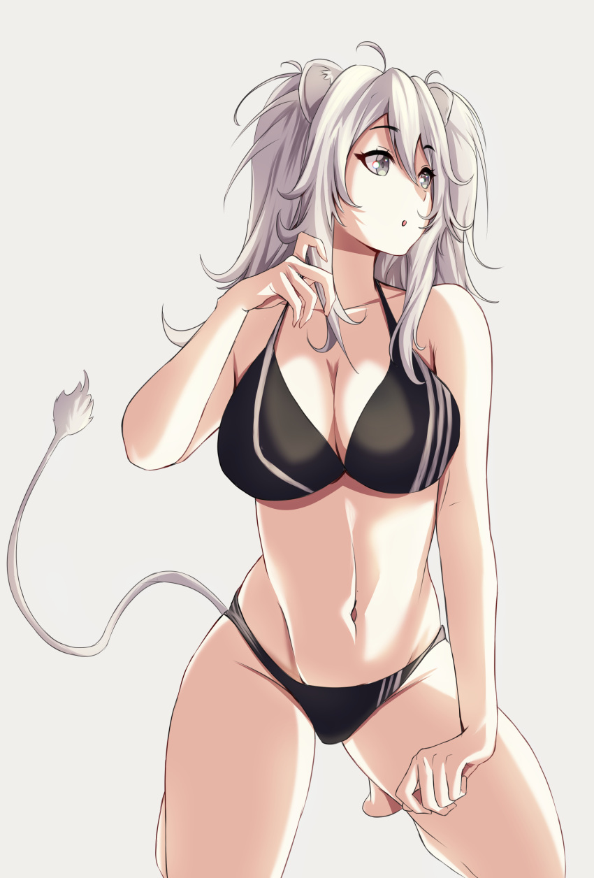 1girl absurdres adapted_costume ahoge animal_ear_fluff animal_ears bikini black_bikini blush breasts cleavage collarbone commentary contrapposto cowboy_shot ear_piercing fang grey_eyes grey_hair highres hololive lion_ears lion_girl lion_tail long_hair looking_at_viewer medium_breasts navel open_mouth piercing shishiro_botan sidelocks simple_background skin_fang solo stomach string_bikini swimsuit tail twintails virtual_youtuber white_background zeropen