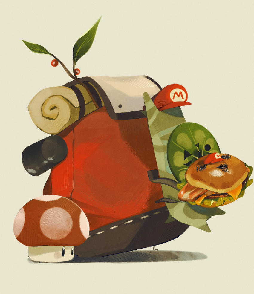 artist_logo backpack bag burger food highres holding holding_food korok mario_(series) mario_hat mushroom no_humans pisu_1107 red_hat sprout the_legend_of_zelda the_legend_of_zelda:_breath_of_the_wild