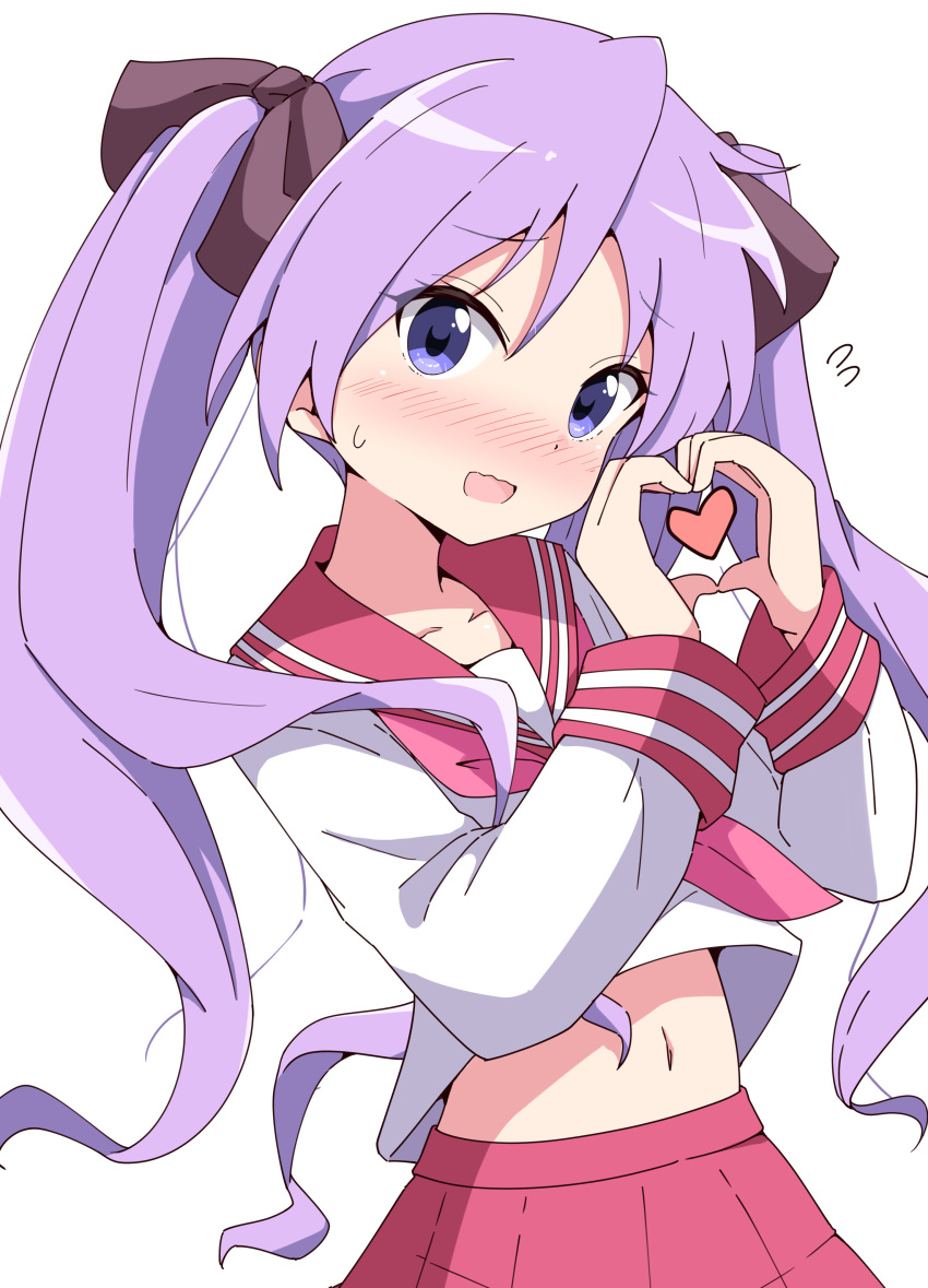 1girl :d absurdres aikawa_ryou blush bow brown_bow collarbone commentary_request flying_sweatdrops hair_bow hands_up heart heart_hands highres hiiragi_kagami long_hair long_sleeves looking_at_viewer lucky_star navel nose_blush pleated_skirt purple_eyes purple_hair red_sailor_collar red_skirt sailor_collar school_uniform serafuku shirt simple_background skirt small_sweatdrop smile solo sweat twintails very_long_hair wavy_mouth white_background white_shirt