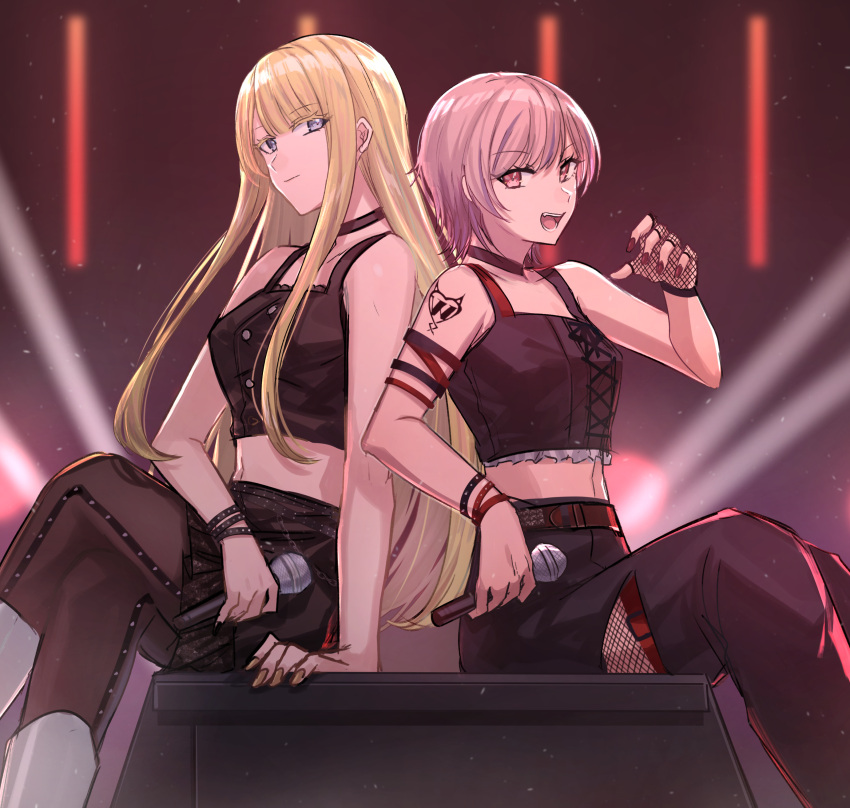 2girls absurdres aoki_shizumi belt black_choker black_gloves black_nails black_pants black_pantyhose black_skirt blonde_hair brown_hair choker closed_mouth commentary d4dj fingerless_gloves gloves highres holding holding_microphone lace lace_gloves looking_at_viewer microphone midriff multiple_girls neo_(d4dj) open_mouth pants pantyhose purple_eyes red_eyes sitting skirt spotlight weronika_(d4dj)