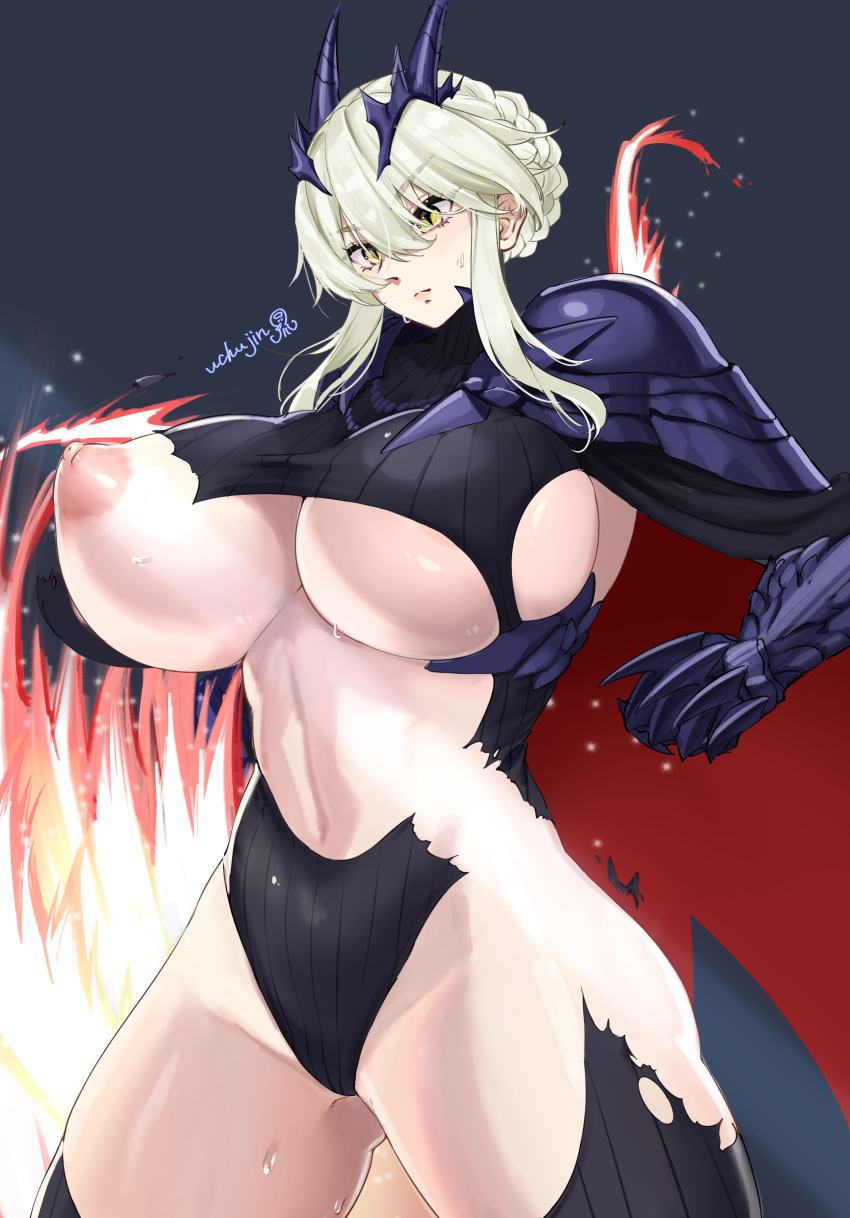 1girl absurdres artoria_pendragon_(fate) artoria_pendragon_(lancer_alter)_(fate) braid breast_slip breasts cape clothing_request commission fate/grand_order fate_(series) gauntlets grey_hair highres large_breasts medium_hair navel nipples no_bra pixiv_commission shoulder_pads sidelocks signature solo standing sweat torn_clothes uchujin_416 underboob yellow_eyes