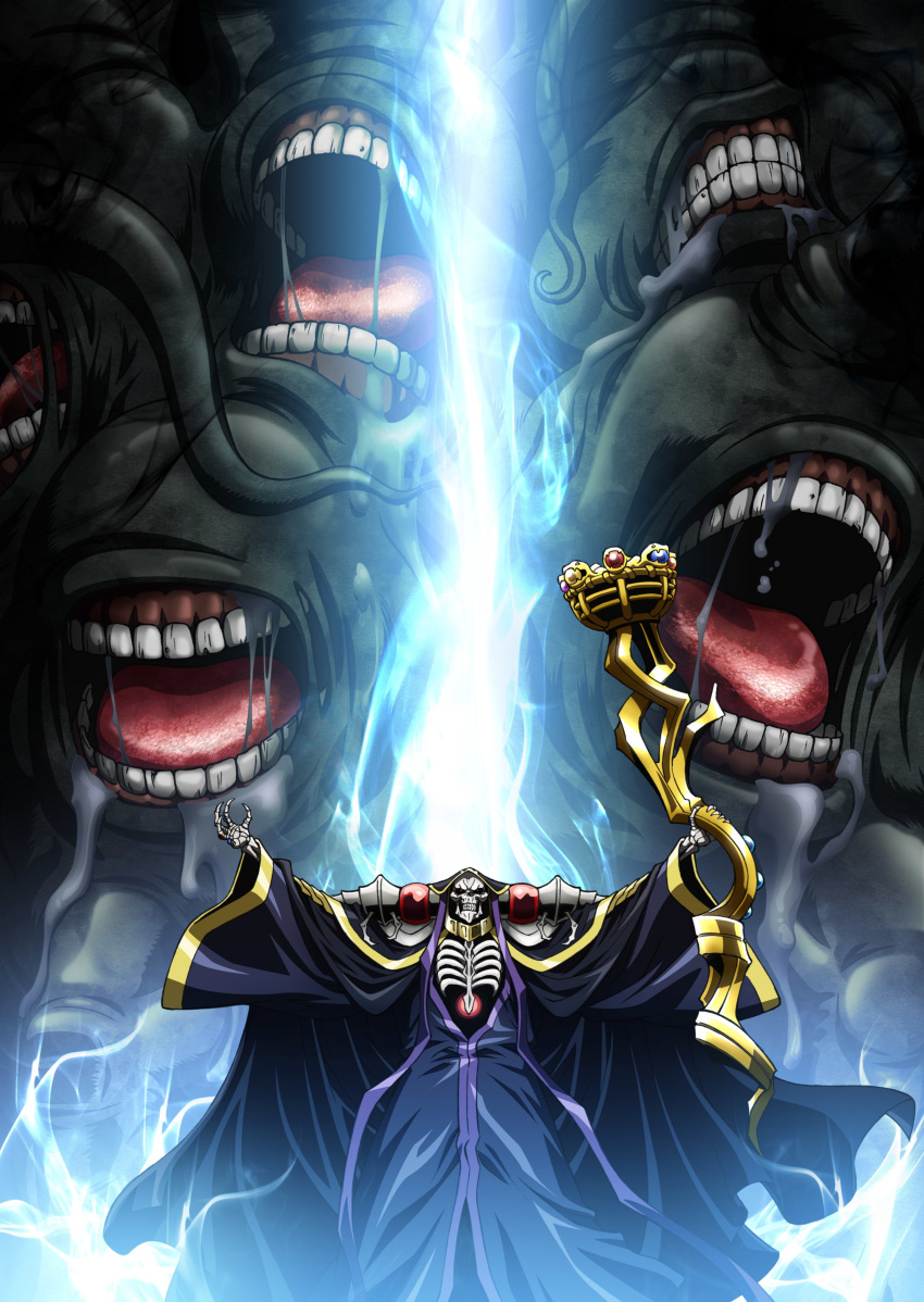 absurdres ainz_ooal_gown black_dress cthulhu_mythos dress highres holding hooded key_visual long_dress male_focus monster official_art outstretched_arms overlord_(maruyama) skull solo standing