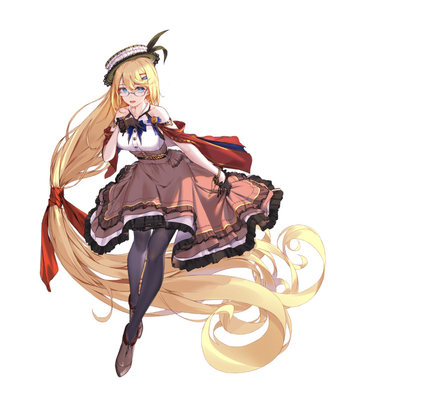 1girl :d absurdly_long_hair ark_order arm_strap bare_shoulders black_bow black_gloves black_pantyhose blonde_hair blue_bow blue_bowtie blue_eyes boater_hat boots bow bowtie bracelet breasts brown_footwear brown_skirt detached_sleeves frilled_skirt frills full_body glasses gloves green_hat hair_bow hair_ornament hairclip hat highres jewelry lace-trimmed_headwear lace_trim large_breasts long_hair looking_at_viewer low-tied_long_hair official_art orange_bow pantyhose red_sleeves shirt sidelocks sif_(ark_order) skirt sleeveless sleeveless_shirt smile solo tachi-e transparent_background two-tone_bow very_long_hair wheat white_shirt you_ni_ge_shaobing