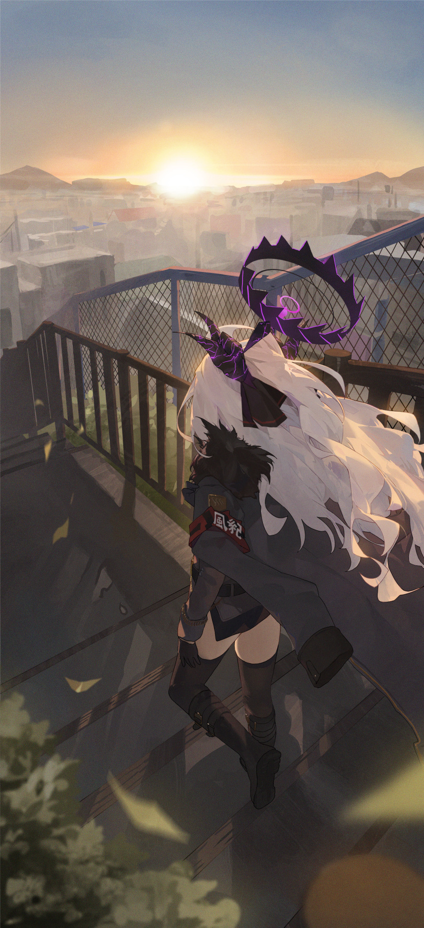 1girl absurdres black_coat black_footwear black_gloves black_horns black_skirt black_thighhighs blue_archive boots coat coat_on_shoulders demon_horns full_body fur-trimmed_coat fur_trim gloves halo highres hina_(blue_archive) horns kji_(rozo) long_hair long_sleeves multiple_horns outdoors skirt solo stairs standing sun thighhighs very_long_hair white_hair