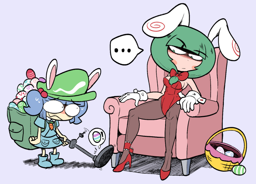 ... 2girls animal_ears annoyed backpack bag blue_background blue_dress blue_hair bow bowtie carrot_necklace dress easter easter_egg egg green_bag green_hair high_heels jewelry kagiyama_hina kawashiro_nitori kevin_arthur leotard looking_at_another multiple_girls necklace nervous playboy_bunny rabbit_ears red_bow red_bowtie red_footwear red_leotard spoken_ellipsis toon_(style) touhou wide-eyed