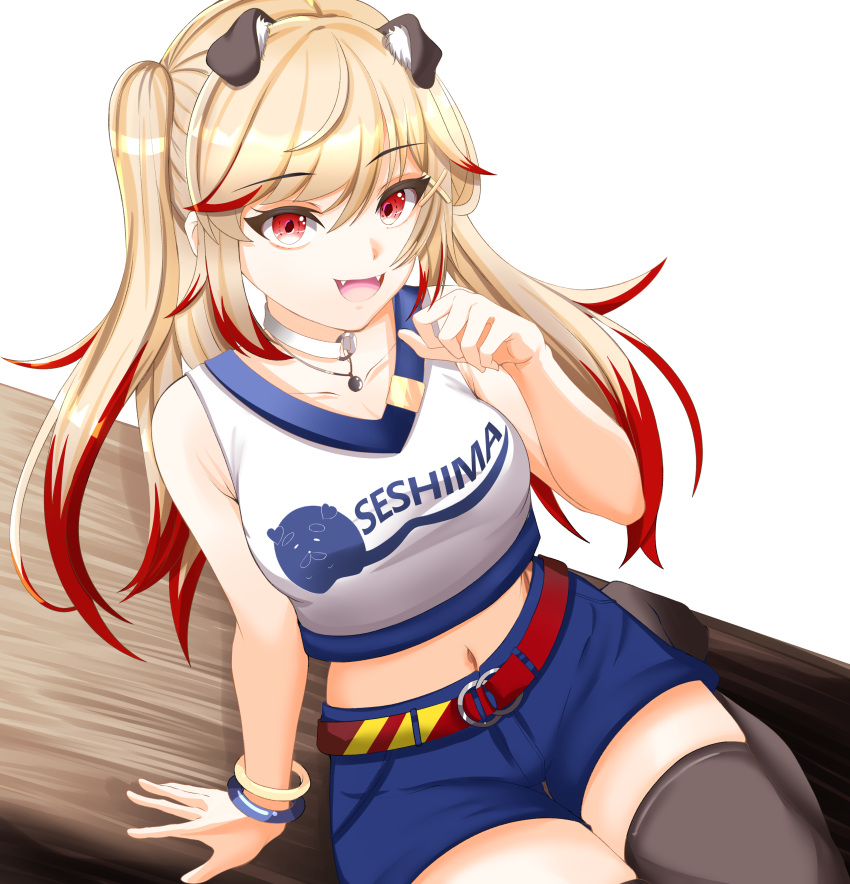 1girl absurdres akai_watame animal_ears bangle blonde_hair blue_shorts bracelet breasts character_name cheerleader choker clothes_writing commentary dog_ears dog_girl fangs floppy_ears foot_out_of_frame grey_thighhighs hair_between_eyes hair_ornament highres jewelry long_hair looking_at_viewer medium_bangs medium_breasts midriff nanashi_inc. navel o-ring o-ring_choker open_mouth red_eyes red_hair seshima_rui shorts smile solo thighhighs two_side_up virtual_youtuber white_background white_choker x_hair_ornament