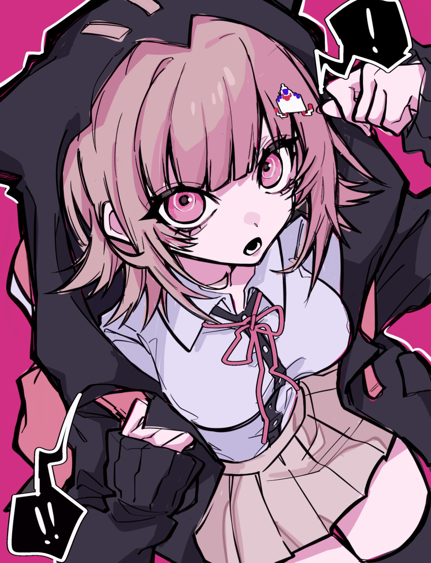 ! !! 1girl :o absurdres black_jacket black_thighhighs breasts brown_hair brown_skirt danganronpa_(series) danganronpa_2:_goodbye_despair highres hood hood_up hooded_jacket jacket lower_teeth_only medium_breasts medium_hair miniskirt nanami_chiaki open_clothes open_jacket pink_background pink_eyes pleated_skirt poa_poa05 simple_background skirt solo spaceship_hair_ornament speech_bubble teeth thighhighs zettai_ryouiki