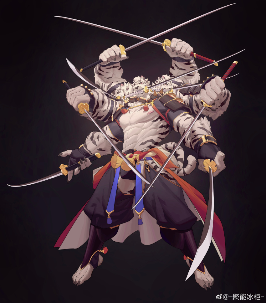 1boy abs absurdres animal_ears bara bare_pectorals bulge clothes_down clothing_cutout crotchless crotchless_pants extra_arms fighting_stance full_body furry furry_male highres holding holding_sword holding_weapon huge_pectorals japanese_clothes ju_neng_binggui katana kimono large_hands large_pectorals male_focus monster_boy multiple_heads multiple_wielding muscular muscular_male nipples open_clothes open_kimono original pants pectorals pelvic_curtain serious shrug_(clothing) solo standing stomach sword tachi-e thick_eyebrows thigh_cutout thighs tiger_boy tiger_ears too_many_weapons weapon weapon_in_mouth white_fur