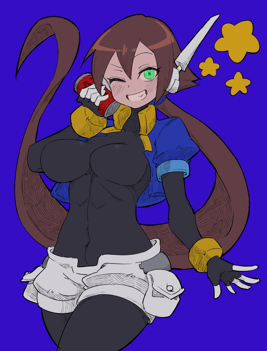 1girl absurdres aile_(mega_man_zx) black_bodysuit blue_background blue_jacket blush bodysuit bodysuit_under_clothes breasts brown_hair buzzlyears can covered_navel covered_nipples cropped_jacket drink drink_can fang glowing green_eyes highres holding holding_drink jacket large_breasts long_hair looking_at_viewer mega_man_(series) mega_man_zx mega_man_zx_advent one_eye_closed open_clothes open_jacket ponytail robot_ears shorts simple_background smile solo white_shorts