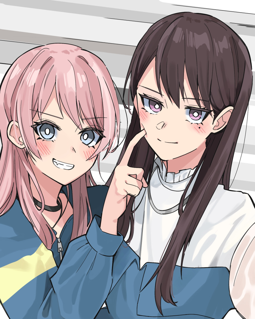 2girls bang_dream! bang_dream!_it's_mygo!!!!! black_choker blue_jacket blush brown_hair cheek_poking chihaya_anon choker clenched_teeth closed_mouth commentary_request fang grey_eyes highres jacket jewelry long_hair long_sleeves looking_at_viewer mole mole_under_eye multiple_girls nanami_(nunnun_0410) necklace open_mouth pink_hair poking purple_eyes shiina_taki shirt smile teeth upper_body white_shirt zipper_pull_tab