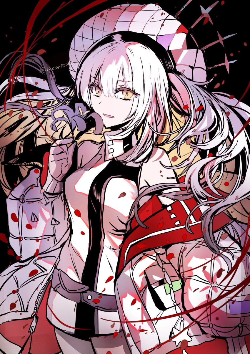 1girl bare_shoulders breasts dress fate/grand_order fate_(series) flower gradient_hair grey_hair highres jacket long_hair long_sleeves looking_at_viewer marie_antoinette_(alter)_(fate) marie_antoinette_(alter)_(first_ascension)_(fate) marie_antoinette_(fate) medium_breasts multicolored_hair off_shoulder open_clothes open_jacket open_mouth rioka_(southern_blue_sky) short_dress sidelocks smile solo two_side_up white_dress white_hair white_hat white_jacket yellow_eyes