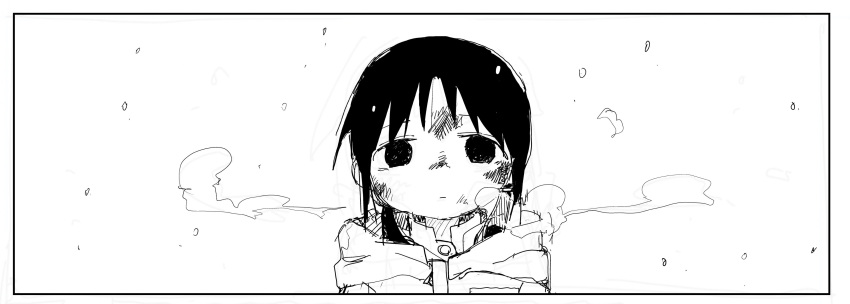 1girl absurdres breath bruise chito_(shoujo_shuumatsu_ryokou) closed_mouth coat greyscale highres injury looking_at_viewer monochrome portrait shoujo_shuumatsu_ryokou simple_background solo straight-on tsukumizu_yuu white_background winter_clothes