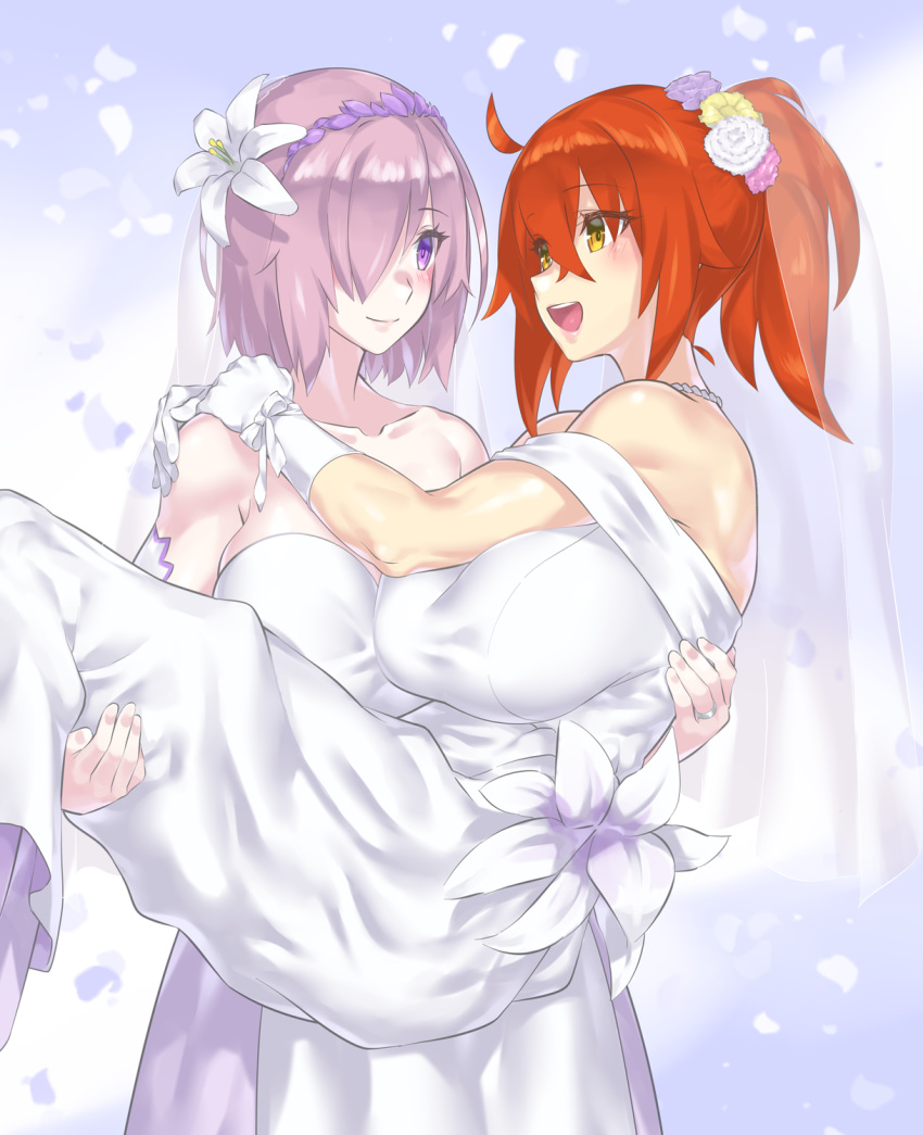 ahoge bare_shoulders breasts bridal_veil bride carrying commentary_request detached_sleeves dress fate/grand_order fate_(series) flower formal fujimaru_ritsuka_(female) gloves hair_over_one_eye highres large_breasts lavender_hair mash_kyrielight mizuumi_(bb) multiple_girls open_mouth orange_eyes orange_hair princess_carry purple_eyes rose short_hair side_ponytail smile strapless strapless_dress veil wedding wedding_dress white_dress white_gloves wife_and_wife yuri