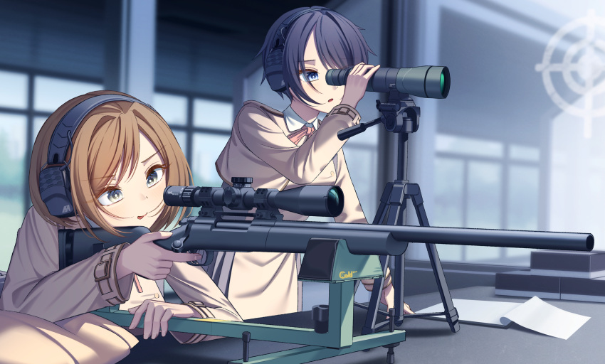 2girls aiming angel_ina black_hair blue_eyes brown_hair character_request closed_mouth commission day green_eyes gun headphones highres leaning_forward long_sleeves lycoris_recoil lycoris_uniform monocular multiple_girls neckerchief open_mouth orange_neckerchief outdoors paper pixiv_commission range_finder rifle school_uniform scope short_hair sniper_rifle standing tongue tongue_out weapon weapon_request