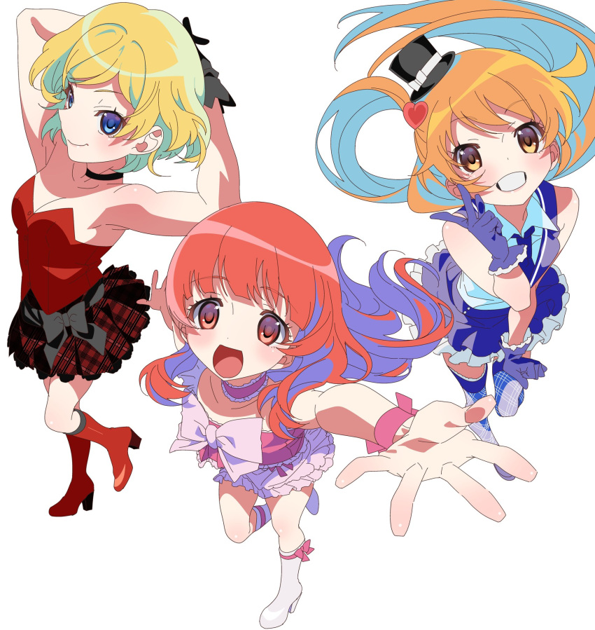 3girls :d amamiya_rizumu anchiki_shou arm_up arms_behind_head bad_id bad_twitter_id black_choker black_hat blonde_hair blue_eyes blue_gloves blue_skirt boots breasts brown_eyes choker cleavage collared_shirt from_above full_body gloves hair_ornament harune_aira hat heart heart_hair_ornament highres idol_clothes image_sample long_hair looking_at_viewer looking_up mini_hat multiple_girls open_hand open_mouth orange_hair outstretched_arm pink_choker pink_shirt plaid plaid_skirt pleated_skirt pretty_rhythm pretty_rhythm_aurora_dream pretty_series red_footwear red_hair red_shirt shirt short_hair side_ponytail simple_background skirt smile standing takamine_mion twitter_sample white_background white_shirt