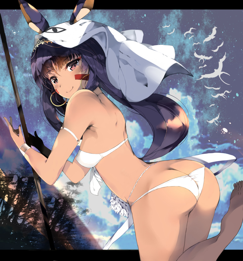 animal_ears ass back bangs bare_shoulders bikini blanket blue_sky bracelet breasts closed_mouth commentary_request covered_nipples dark_skin earrings eyebrows_visible_through_hair facepaint facial_mark fate/grand_order fate_(series) from_side hairband hands_up highres hips hoop_earrings jackal_ears jewelry leg_up letterboxed long_hair looking_at_viewer medjed night night_sky nitocris_(fate/grand_order) nitocris_(swimsuit_assassin)_(fate) outdoors purple_eyes purple_hair sidelocks sky small_breasts smile solo standing standing_on_one_leg star_(sky) starry_sky swimsuit thighs tree venomrobo very_long_hair white_bikini wristband