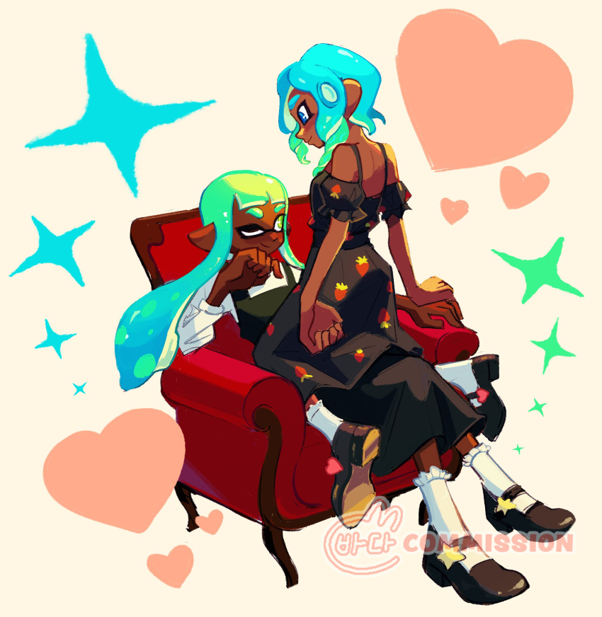 2girls absurdres blue_hair closed_mouth colored_tips commentary commission dark-skinned_female dark_skin english_commentary green_eyes green_hair heart highres inkling inkling_girl inkling_player_character long_hair medium_hair multicolored_hair multiple_girls on_chair one_eye_closed pointy_ears simple_background sitting sitting_on_lap sitting_on_person smile sparkle splatoon_(series) tentacle_hair thick_eyebrows tokkibada two-tone_hair watermark white_background yuri