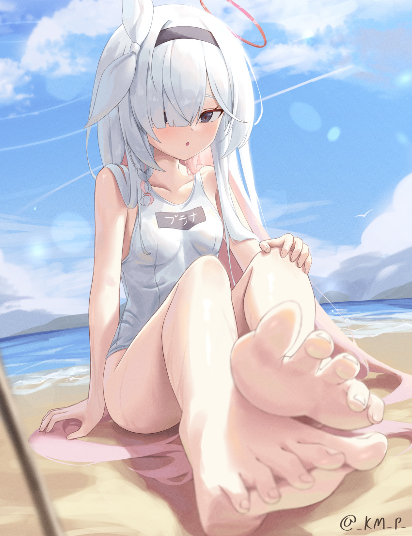 1girl absurdres bare_arms bare_legs barefoot beach black_eyes black_hairband blue_archive braid breasts collarbone colored_inner_hair day grey_hair hair_over_one_eye hairband halo highres kenma_pro long_hair multicolored_hair ocean one-piece_swimsuit outdoors parted_lips pink_hair plana_(blue_archive) red_halo single_braid sitting small_breasts solo swimsuit toes twitter_username white_one-piece_swimsuit