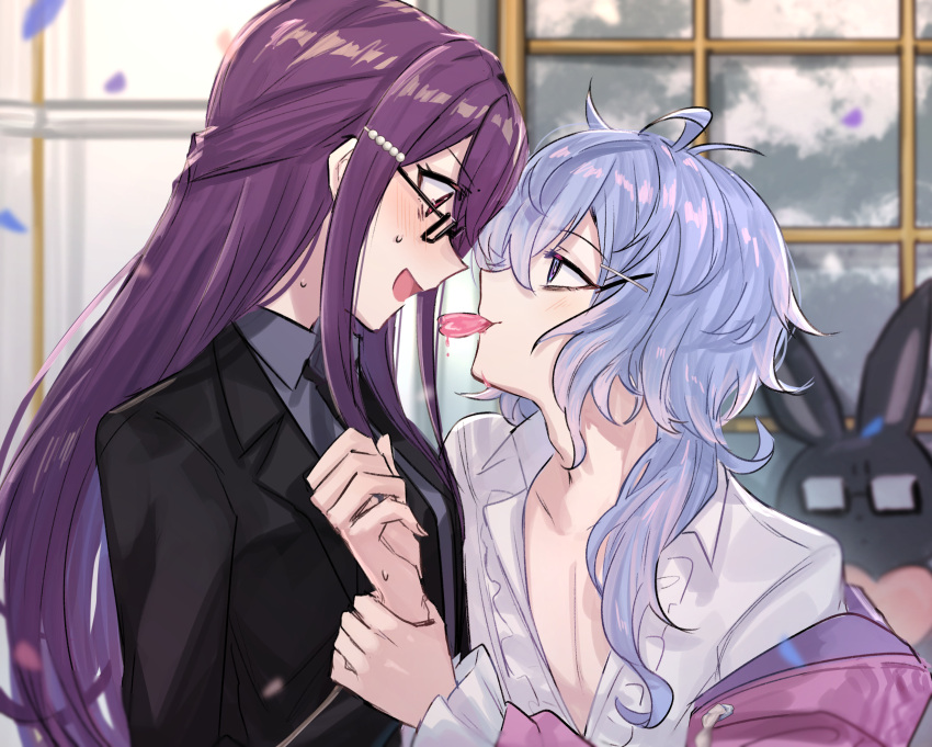2girls aoki_shizumi black_jacket black_necktie blue_eyes blue_hair blush collared_shirt commentary copyright_request eye_contact falling_petals flat_chest food_in_mouth frilled_shirt frills glasses grey_shirt hand_on_another's_wrist highres indoors jacket long_hair looking_at_another multiple_girls necktie off_shoulder open_clothes open_mouth open_shirt petals purple_hair purple_jacket red_eyes shirt suit_jacket sweatdrop upper_body white_shirt window yuri