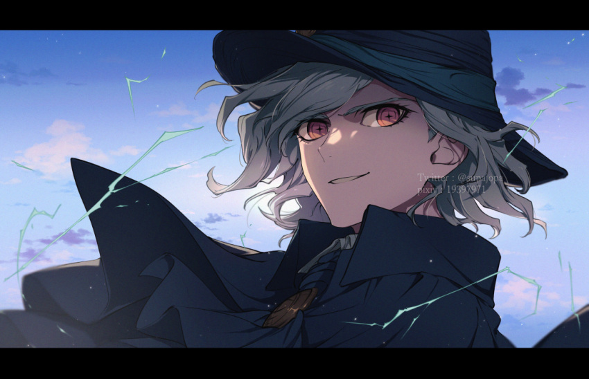 1boy cross-shaped_pupils edmond_dantes_(fate) fate/grand_order fate_(series) fedora grey_hair hat hua_(supa_jopa) letterboxed male_focus pixiv_id red_eyes smile symbol-shaped_pupils twitter_username