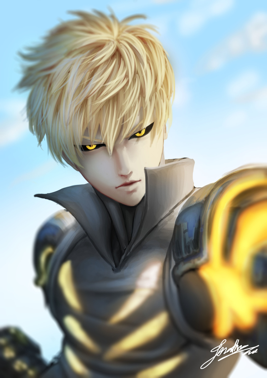 1boy absurdres black_sclera blonde_hair cloud cloudy_sky colored_sclera commentary cyborg english_commentary genos highres looking_at_viewer male_focus one-punch_man open_mouth outdoors photoshop_(medium) realistic short_hair signature sky solo tiyote yellow_eyes