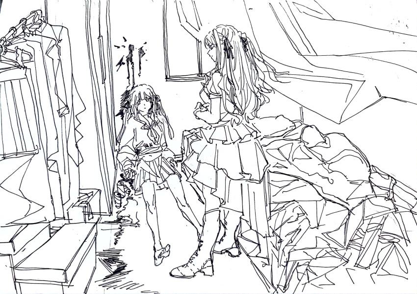 2girls bang_dream! bang_dream!_it's_mygo!!!!! barefoot bedroom blood_on_ground blood_on_wall boots box clone closed_mouth clothes_hanger commentary corpse curtains floating_curtains greyscale hair_ribbon highres indoors kita_no_shinya long_hair monochrome multiple_girls neckerchief pleated_skirt ribbon school_uniform serafuku shirt short_sleeves skirt togawa_sakiko two_side_up unworn_shirt unworn_skirt