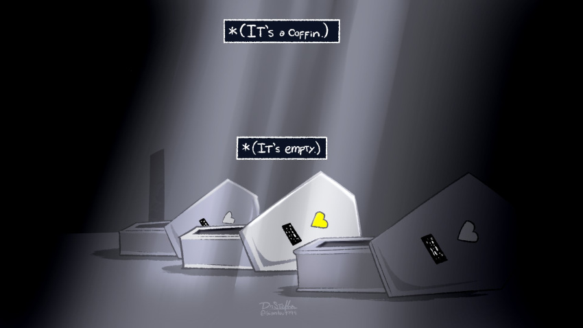 cliffhanger coffin dialogue dialogue_box digital_media_(artwork) doorway gianluu1999 grey_wall heart_symbol hi_res light signature sunlight text undertale undertale_(series) undertale_yellow wall_(structure)