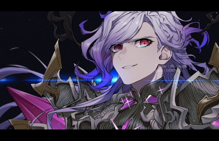 1boy cross-shaped_pupils edmond_dantes_(fate) fate/grand_order fate_(series) grey_hair hua_(supa_jopa) jewelry letterboxed male_focus pixiv_id red_eyes smile symbol-shaped_pupils the_count_of_monte_cristo_(fate) twitter_username