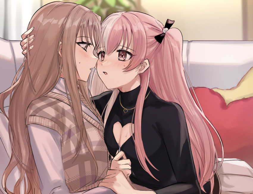 2girls after_kiss aoki_shizumi blush breasts brown_eyes brown_hair cleavage cleavage_cutout clothing_cutout commentary couch d4dj eye_contact grey_hair hair_between_eyes hand_on_another's_head highres holding_hands jewelry kiss light_brown_hair living_room long_hair looking_at_another multicolored_hair multiple_girls necklace plant saliva saliva_trail shinomiya_kokoa skirt sweat sweatdrop sweater tendo_hayate two-tone_hair unzipping yuri zipper
