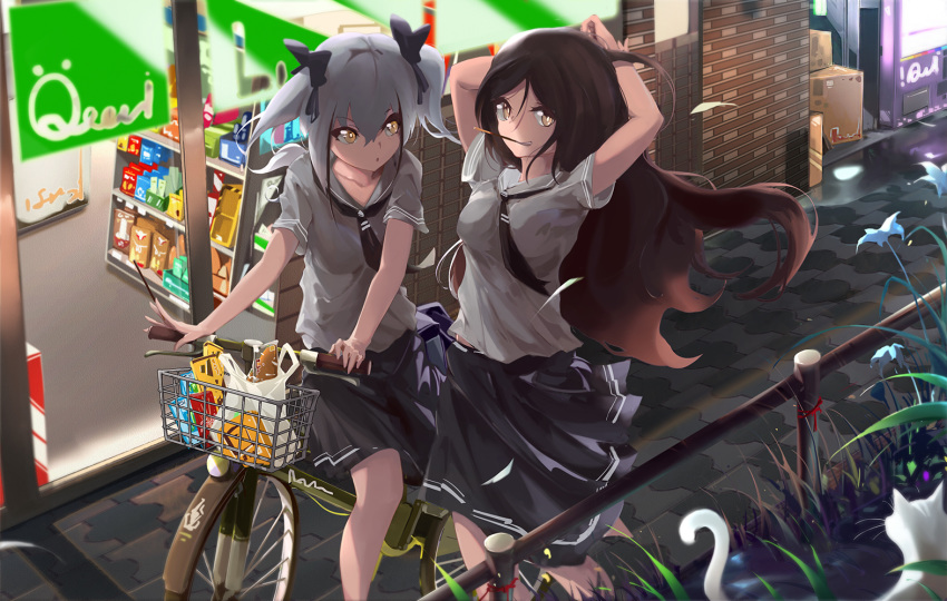 alternate_universe bicycle bicycle_basket cat commentary_request convenience_store destroyer_(girls_frontline) dreamer_(girls_frontline) flower food food_in_mouth girls_frontline grass ground_vehicle multiple_girls pocky renze_l road school_uniform serafuku shop street