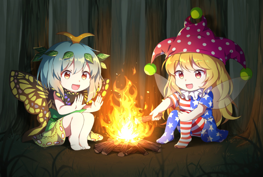 :d american_flag_dress american_flag_legwear antennae barefoot black_dress blonde_hair blue_hair butterfly_wings campfire caramell0501 chibi clownpiece commentary_request dress eternity_larva eyebrows_visible_through_hair fairy_wings fire forest full_body grass green_dress hair_between_eyes hands_up hat holding jester_cap knees_up leaf leaf_on_head long_hair multicolored multicolored_clothes multicolored_dress multiple_girls nature neck_ruff no_shoes open_mouth orange_eyes outdoors pantyhose polka_dot_hat purple_hat red_eyes short_dress short_hair short_sleeves sitting sleeveless sleeveless_dress smile star star_print striped striped_legwear thighs torch touhou very_long_hair wings