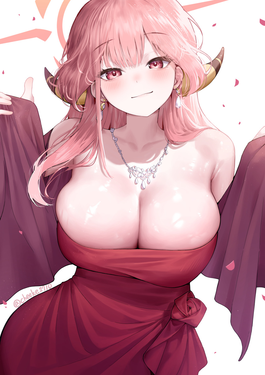 1girl absurdres aru_(blue_archive) aru_(dress)_(blue_archive) blue_archive blush breasts brown_eyes brown_horns chee_ke cleavage closed_mouth collarbone demon_horns dress earrings halo highres horns jewelry large_breasts long_hair looking_at_viewer necklace official_alternate_costume pink_hair pink_halo red_dress simple_background smile solo strapless strapless_dress twitter_username upper_body white_background