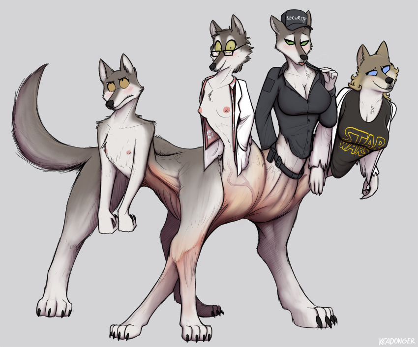 big_breasts blush breasts canine clothed clothing dog english_text eyewear female fur glasses hi_res keadonger looking_at_viewer mammal multi_limb nipples nude quadog simple_background smile taur text what_has_science_done