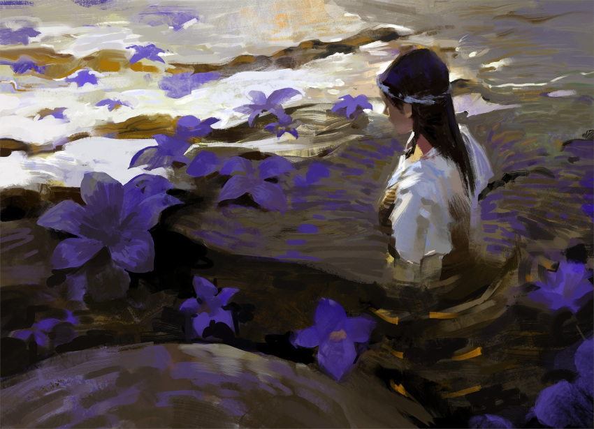 1girl black_hair brown_hair chiaroscuro faux_traditional_media field flower from_behind headband highres long_hair original outdoors painterly partially_submerged profile purple_flower river shirt short_sleeves solo sunlight upper_body wading water white_shirt yuming_li