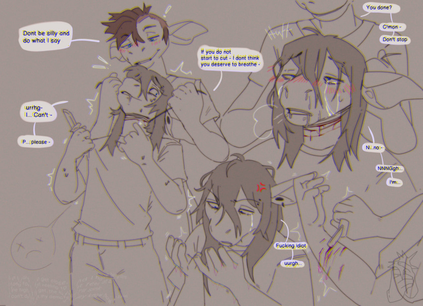 anthro asphyxiation blood bodily_fluids breath_play choked choking cutting cutting_self duo gore male male/male noah_wilson nosebleed self-harm strangling wounded zowato