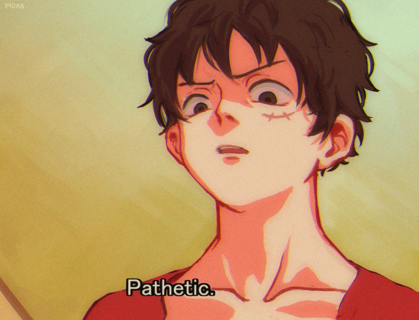 1boy derivative_work disdain empty_eyes english_text gradient_background looking_at_viewer looking_down m0kaccinoh male_focus meme monkey_d._luffy no_headwear one_piece parody pathetic_(meme) scene_reference screenshot_redraw short_hair solo subtitled upper_body