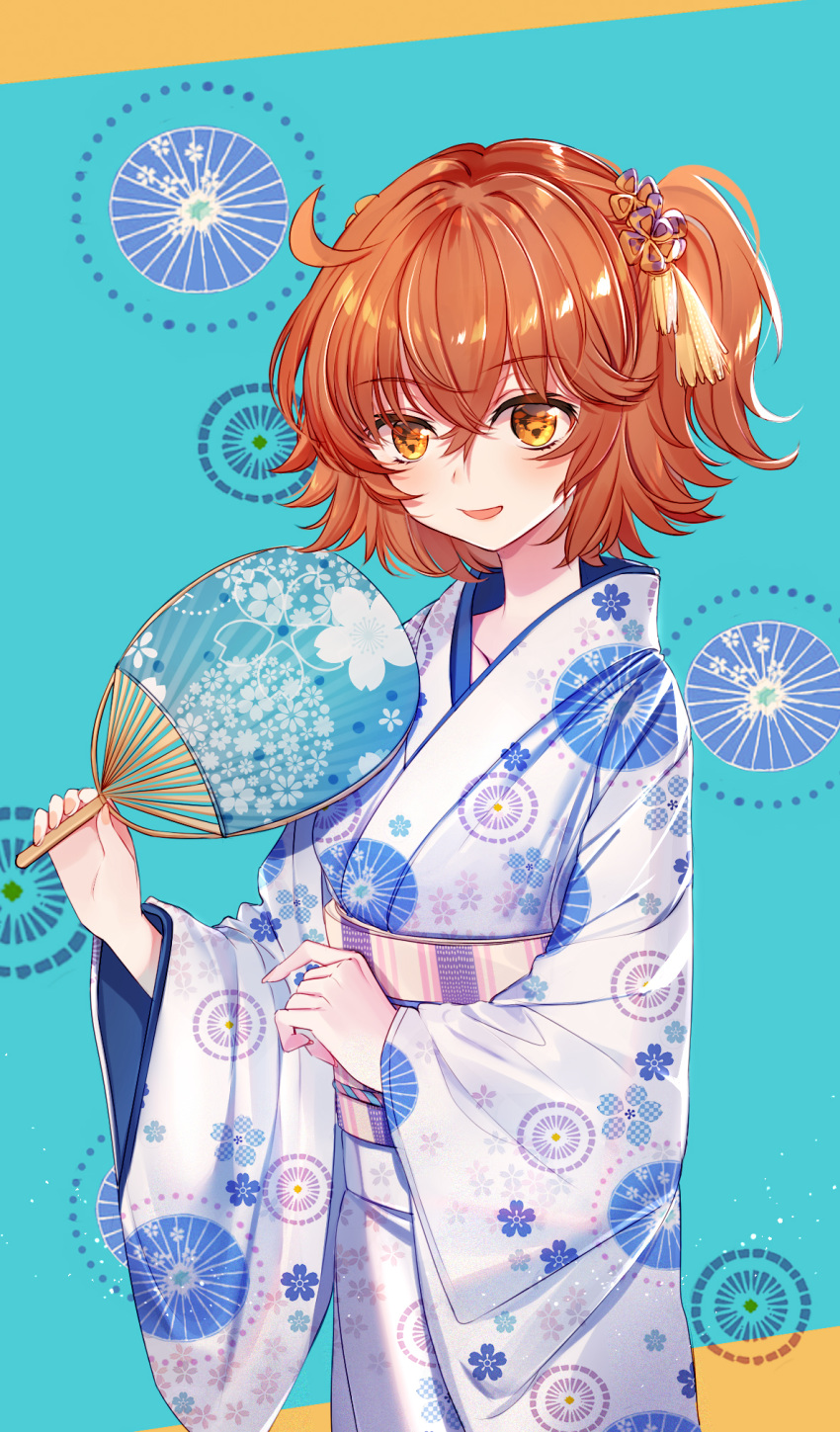 :d bangs baocaizi blush brown_eyes brown_hair eyebrows_visible_through_hair fan fate/grand_order fate_(series) floral_print fujimaru_ritsuka_(female) hair_between_eyes hair_ornament hand_up highres holding holding_fan japanese_clothes kimono long_sleeves looking_at_viewer obi one_side_up open_mouth paper_fan print_kimono sash smile solo white_kimono wide_sleeves