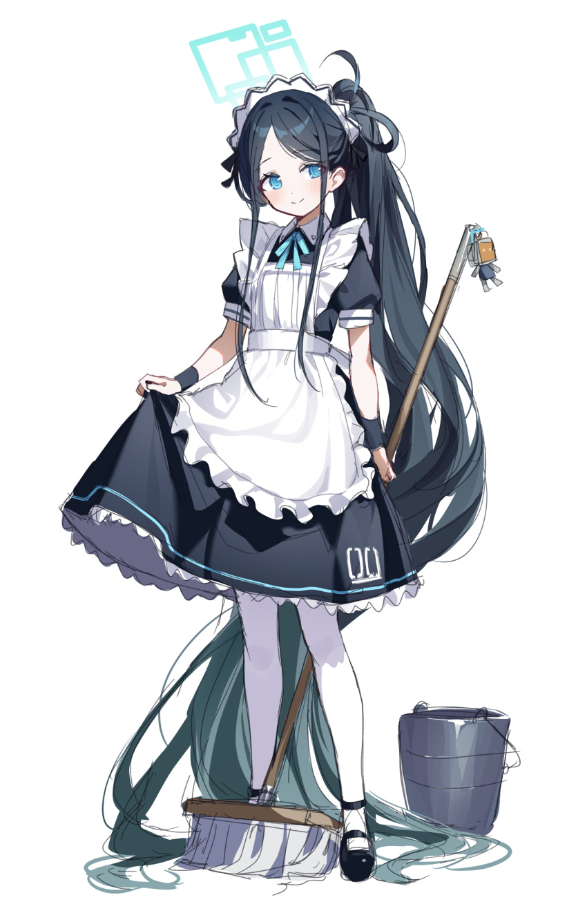 &lt;key&gt;_(robot)_(blue_archive) 1girl absurdly_long_hair apron aris_(blue_archive) aris_(maid)_(blue_archive) black_dress black_footwear black_hair blue_archive blue_eyes blue_halo blush bucket closed_mouth dress frilled_apron frills full_body gyool halo highres long_hair maid maid_apron maid_headdress mop official_alternate_costume pantyhose ponytail puffy_short_sleeves puffy_sleeves shoes short_sleeves simple_background smile solo very_long_hair white_apron white_background white_pantyhose