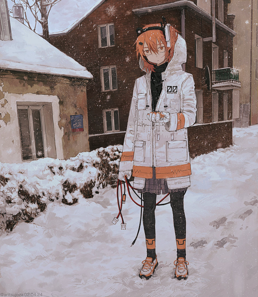 1girl adachi_rei alicejoza artist_name black_thighhighs coat dated expressionless gloves grey_skirt highres holding hood hood_up orange_eyes orange_hair plaid plaid_skirt shoes skirt sneakers snow snowing solo thighhighs white_coat white_gloves wire