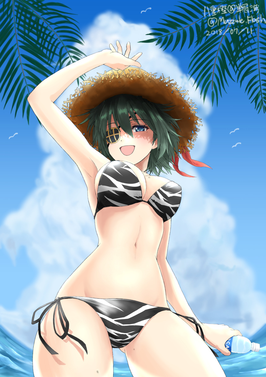 absurdres adapted_costume armpits arms_up ass_visible_through_thighs bikini bird black_bikini blue_eyes bottle breasts camouflage camouflage_bikini cleavage cloud cowboy_shot day eyebrows_visible_through_hair eyepatch from_below green_hair groin hair_between_eyes hat highres holding holding_bottle kantai_collection kiso_(kantai_collection) large_breasts looking_at_viewer muzzuleflash navel open_mouth pocari_sweat remodel_(kantai_collection) school_uniform seagull serafuku short_hair side-tie_bikini sky smile solo straw_hat striped striped_bikini swimsuit thighs