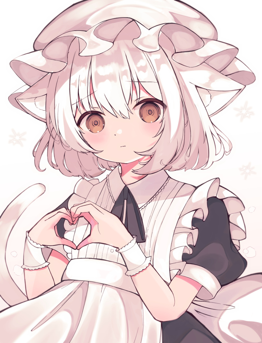 1girl absurdres animal_ears apron back_bow blush bow brown_eyes cat_ears cat_girl cat_tail collared_dress dress future_c0v0c hat heart heart_hands highres looking_at_viewer maid mob_cap neck_ribbon original ribbon short_hair short_sleeves solo tail white_hair wrist_cuffs