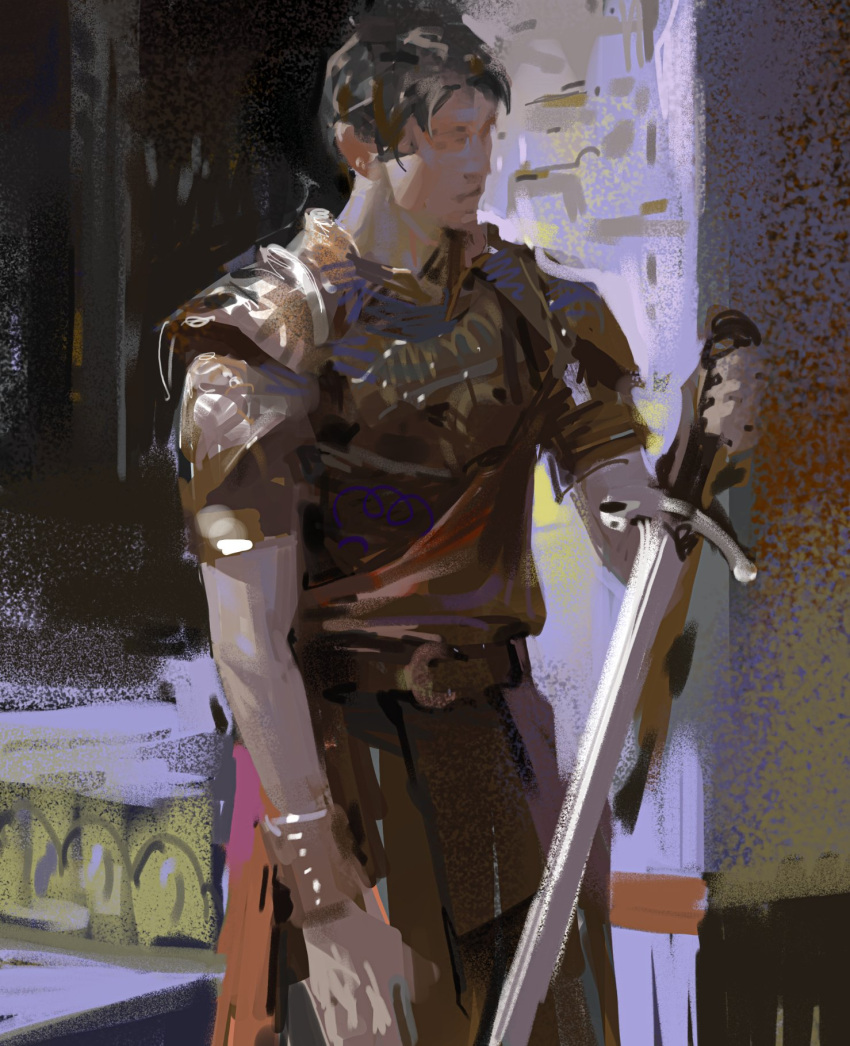 1boy armor art_study belt black_hair breastplate brown_hair closed_mouth commentary cowboy_shot earrings english_commentary faux_traditional_media highres holding holding_sword holding_weapon jewelry male_focus original outdoors pauldrons short_hair short_sleeves shoulder_armor sketch soldier solo standing sword tunic vambraces weapon yuming_li