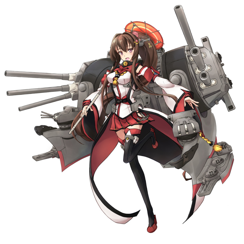 adapted_costume anchor breasts brown_hair cherry_blossoms detached_sleeves flower hair_flower hair_ornament headgear highres kantai_collection large_breasts long_hair miniskirt minosu oriental_umbrella pink_eyes ponytail red_skirt rigging sarashi simple_background skirt solo thighhighs turret umbrella very_long_hair white_background wide_sleeves yamato_(kantai_collection)