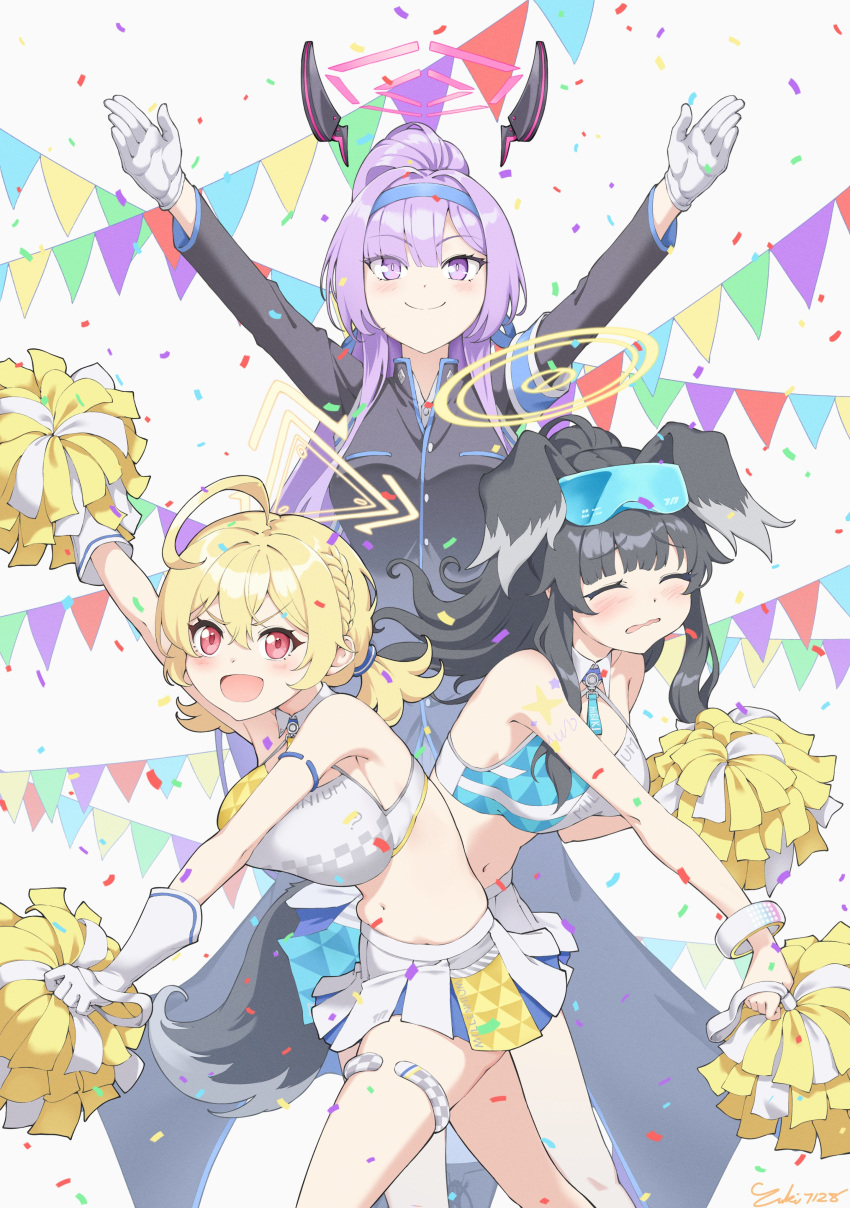 3girls absurdres ahoge animal_ears arm_up arms_up black_hair black_jacket blonde_hair blue_archive blue_headband blush braid breasts confetti dog_ears engineering_department_(blue_archive) floating_headgear gloves goggles goggles_on_head halo hashtag_only_commentary headband headgear hibiki_(blue_archive) hibiki_(cheer_squad)_(blue_archive) high_ponytail highres holding holding_pom_poms jacket kotori_(blue_archive) kotori_(cheer_squad)_(blue_archive) large_breasts long_hair looking_at_viewer low_twintails medium_hair millennium_cheerleader_outfit_(blue_archive) muffin_top multiple_girls navel official_alternate_costume ouendan pennant pleated_skirt pom_pom_(cheerleading) purple_eyes purple_hair red_eyes skirt sports_bra string_of_flags twintails utaha_(blue_archive) utaha_(cheer_squad)_(blue_archive) wavy_mouth white_gloves yuki7128
