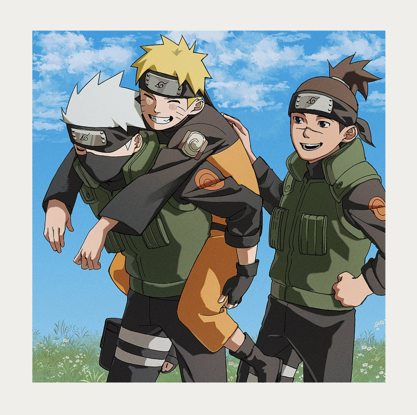 3boys :d ^_^ black_gloves black_headband blonde_hair blush border brown_hair carrying closed_eyes cowboy_shot fingerless_gloves forehead_protector gloves grey_hair grin hatake_kakashi headband highres konohagakure_symbol looking_at_another male_focus mask mouth_mask multiple_boys naruto_(series) naruto_shippuuden outdoors piggyback pnpk_1013 scar scar_on_face short_ponytail smile umino_iruka uzumaki_naruto white_border