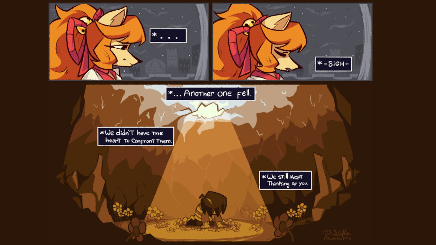 ambiguous_gender anthro bell_bow canid canine ceroba_ketsukane clothed clothing comic dialogue dialogue_box digital_media_(artwork) ellipsis female flower fox frisk_(undertale) fur gianluu1999 hair hi_res human long_hair mammal monochrome orange_hair plant ponytail sepia sigh undertale undertale_(series) undertale_yellow