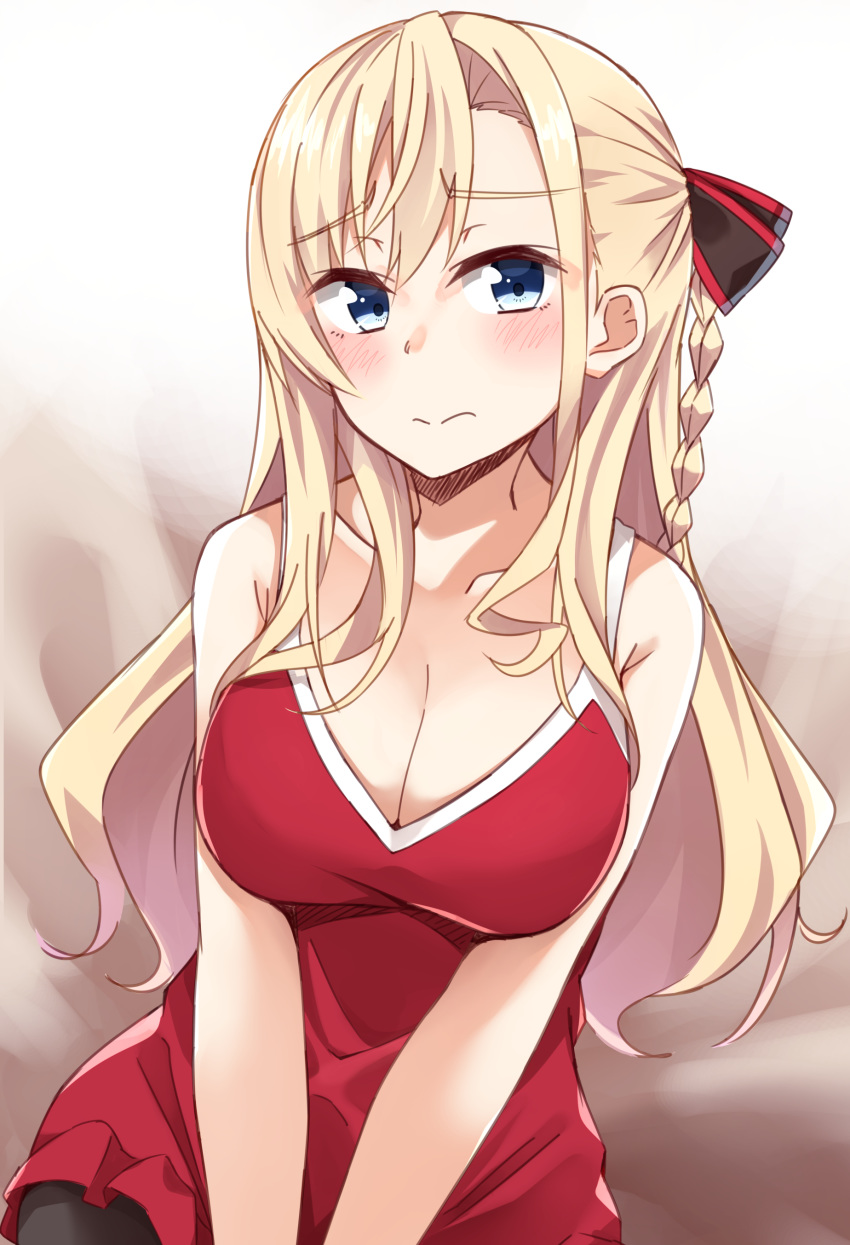 absurdres bangs bare_arms bare_shoulders black_bow black_legwear blonde_hair blue_eyes blush bow braid breasts cleavage closed_mouth collarbone dress eyebrows_visible_through_hair hair_between_eyes hair_bow high_school_fleet highres kapatarou large_breasts long_hair looking_at_viewer md5_mismatch pantyhose red_dress side_braid single_braid sitting sleeveless sleeveless_dress solo striped striped_bow v_arms very_long_hair wilhelmina_braunschweig_ingenohl_friedeburg